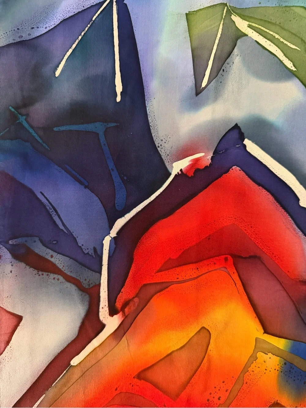 Abstract Mountain Peaks Silk Hand Painted Scarf, Blue, Red, Orange
